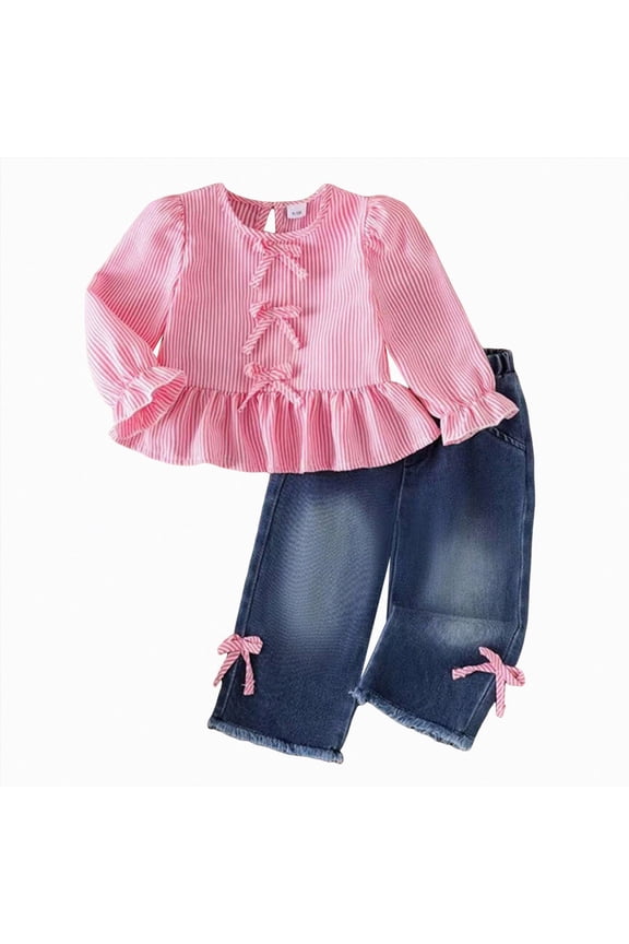 Toddler Baby Girl Clothes Little Girls Fall Winter Outfits Long Sleeve Smocked Shirt Bell Bottom Jeans Denim Pants Clothing Set（Red,18-24 Months）