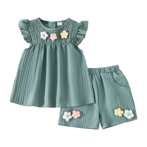 Sopiago Toddler Baby Girl Summer Clothes Knit Floral Fly Sleeve Tops Shorts Cute Spring Outfits Girls Clothes (Green,2-3 Years)