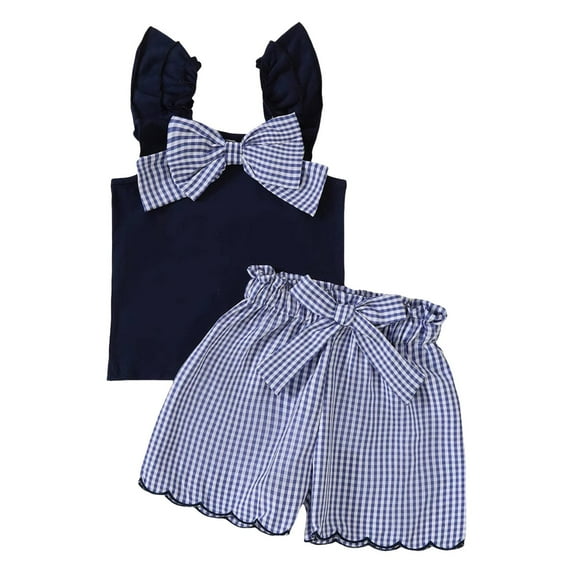 Sopiago Toddler Baby Girl Summer Outfit Bow Embroidery Short Sleeve T-Shirt Plaid Ruffle Shorts Set Little Girls Clothes 12-18 Months,Navy