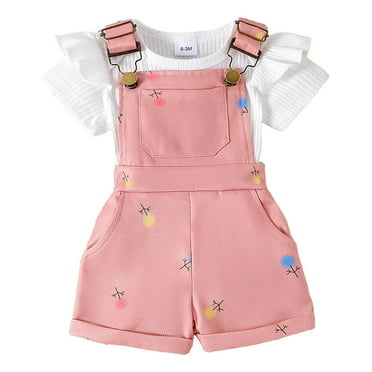 Sopiago Toddler Baby Girl Summer Outfits Daisy Ruffle Short Sleeve Romper Tops Floral Overall Shorts 2Pcs Clothes Set White,12-18 Months