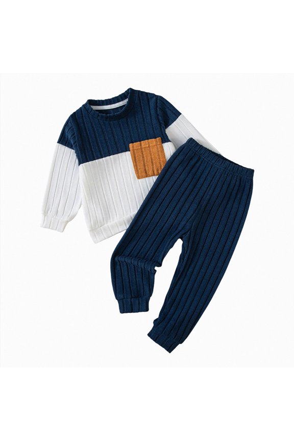 Toddler Boy Clothes Fleece Fall Winter Outfit Color Block Ribbed Long Sleeve Sweatshirt and Pants 2Pcs Set Navy,5-6 Years