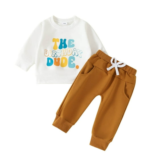 Sopiago Toddler Boy Outfits Toddler Baby Clothes Long Sleeve Letter Sweatshirt Solid Jogger Pants Baby Clothing Set for Girls Coffee,12-18 Months