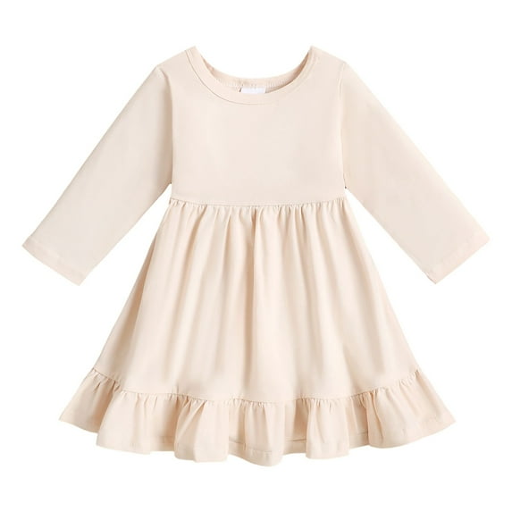Sopiago Toddler Girl Casual Solid A-line Twirly Dress Long Sleeve Skater Ruffle Hem Dresses Fall Outfit White (18-24 Months)