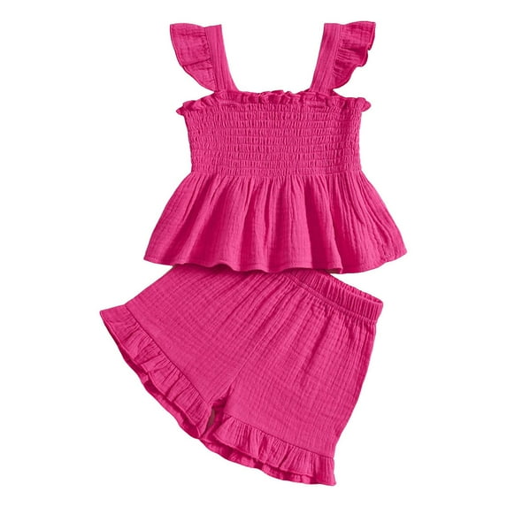 Sopiago Toddler Girl Clothes 2Pcs Baby Girl Summer Outfits Ruffle Sleeveless Shirts Floral Tops + Shorts Clothing Set Hot Pink,18-24 Months