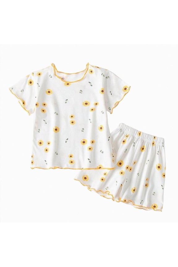 Toddler Girl Clothes 2pcs Girl Spring Summer Outfit Ruffle Hem Short Sleeve Top and Floral Capri Pant 2-7 Years Boy Girl Toddler Clothes Yellow,5-6 Years