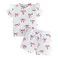 thumbnail image 1 of Sopiago Toddler Girl Clothes Baby Summer Outfits Cute Bow Ruffled Short Sleeve Shirt Ribbed Knit Tops Shorts Set for Girl Clothing 2-3 Years,White, 1 of 7