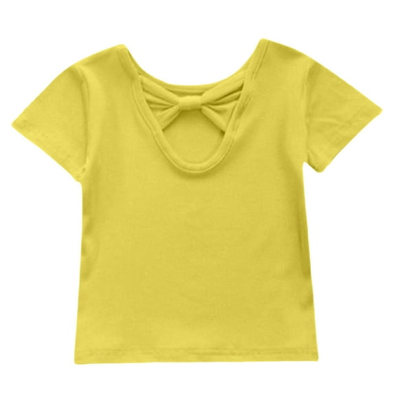 Sopiago Toddler Girl Cotton Short Sleeve T Shirts Baby Criss Cross Back Shirts Crewneck Summer Tops for Girls Tee Shirts Yellow,6-7 Years