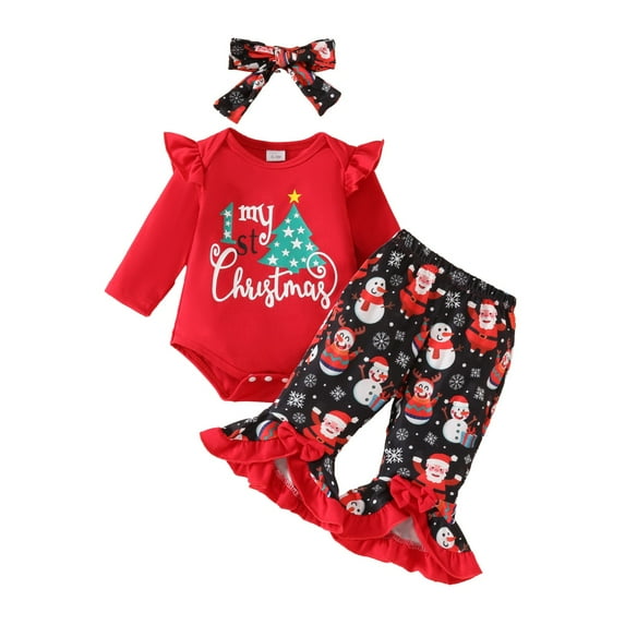 Sopiago Toddler Girl Fall Winter Christmas Outfits Long Sleeve Ruffle Romper Shirts Flared Pants Headband Baby Clothing Set for Girls Red,3-6 Months