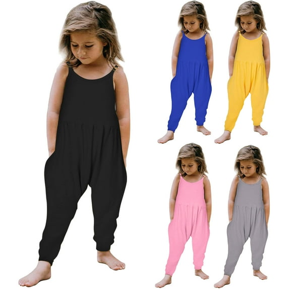 Sopiago Toddler Girl Sleeveless Jumpsuit Spaghetti Strap Romper for Girls Clothes Long Pants with Pockets Black,3-4 Years