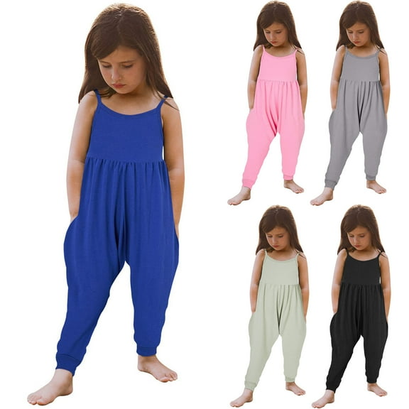 Sopiago Toddler Girl Sleeveless Jumpsuit Spaghetti Strap Romper for Girls Clothes Long Pants with Pockets Blue,5-6 Years