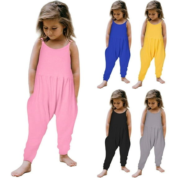 Sopiago Toddler Girl Sleeveless Jumpsuit Spaghetti Strap Romper for Girls Clothes Long Pants with Pockets Pink,1-2 Years