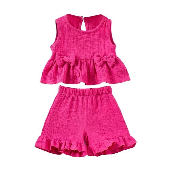 Sopiago Toddler Girl Summer Clothes Solid Linen Outfits for Girls Bows Ruffle Tank Tops Shirts + Ruffled Short Set (Hot Pink,12-18 Months)