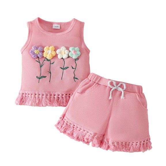 Sopiago Toddler Girl Summer Outfits Baby Girl Embroidered Flowers Short Sleeve Tank Tops Shorts Set Cute Baby Girls' Clothing Sets Pink,6-9 Months