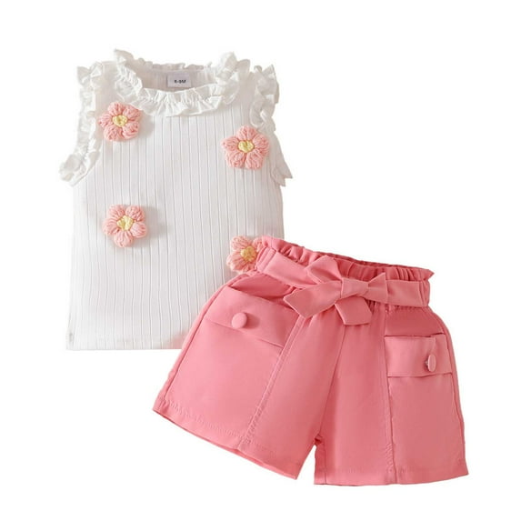 Sopiago Toddler Girl Summer Outfits Baby Girl Embroidered Flowers Short Sleeve Tank Tops Shorts Set Cute Babygirl Clothes with Waistband Pink,18-24 Months