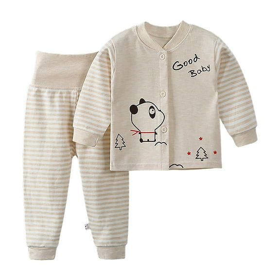 Sopiago Toddler Girls Pajamas 2 Piece Set Cartoon Printed Sleepwear Striped Button Shirt Top and Pants Pajamas Baby Beige,3-6 Months