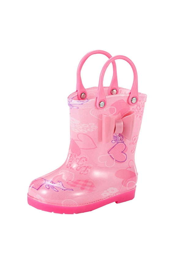 Toddler Kids Glitter Light Up Waterproof Rain Boots for Girls Sparkle Rainbow Rain Shoes with Easy On Handles Pink,12-18 Months