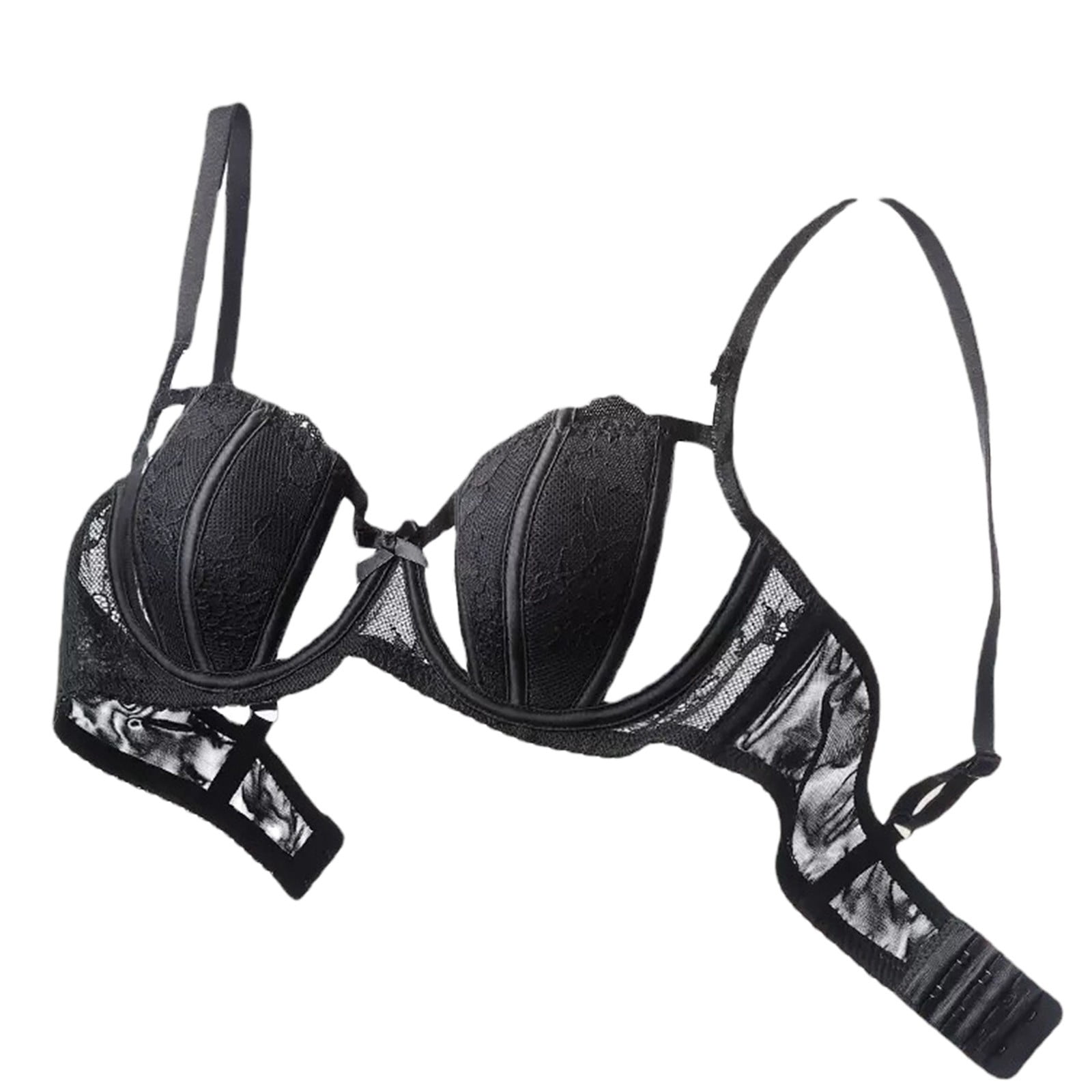 Sopiago Wireless Bra Women's Plus Size Retro Lace & Mesh Unlined Underwire Bra Black,32