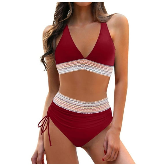 Sopiago Women High Waisted Bikini Sets Tummy Control Swimsuits Color Block Two Piece Drawstring Bathing Suit Red,L