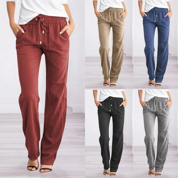 Sopiago Women High Waisted Pants Casual Linen Pants Drawstring Loose Fit Summer Wide Leg Pants Trousers with Side Pockets ,XL
