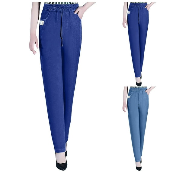 Sopiago Women Ice Silk Trousers Soft Jeans Elastic Waist Skinny Pants Womens High Waisted Pants Dark Blue,XL