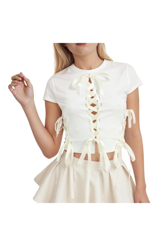 Women Summer Top Braid Bow Ribbon Ballet T Shirt Short Sleeve Round Neck Fitted Crop Tee White,L