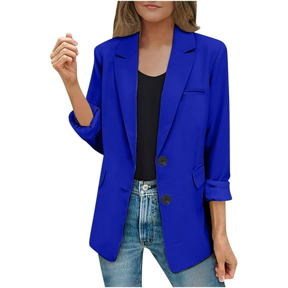 Sopiago Women's Blazer Business Casual Long Sleeve Lapel Pockets Blazer Open Front Button Work Office Suit Jackets for Women Dark Blue,L