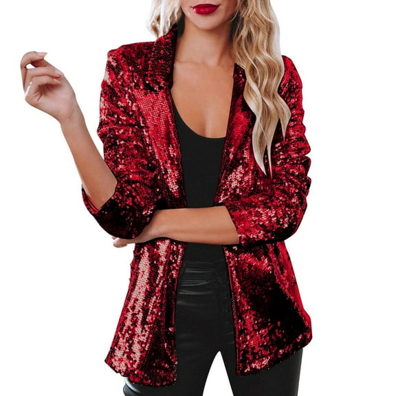 Sopiago Women's Blazer Sequin Jacket Casual Long Sleeve Glitter Party Shiny Lapel Coat Rave Outerwear Red,S