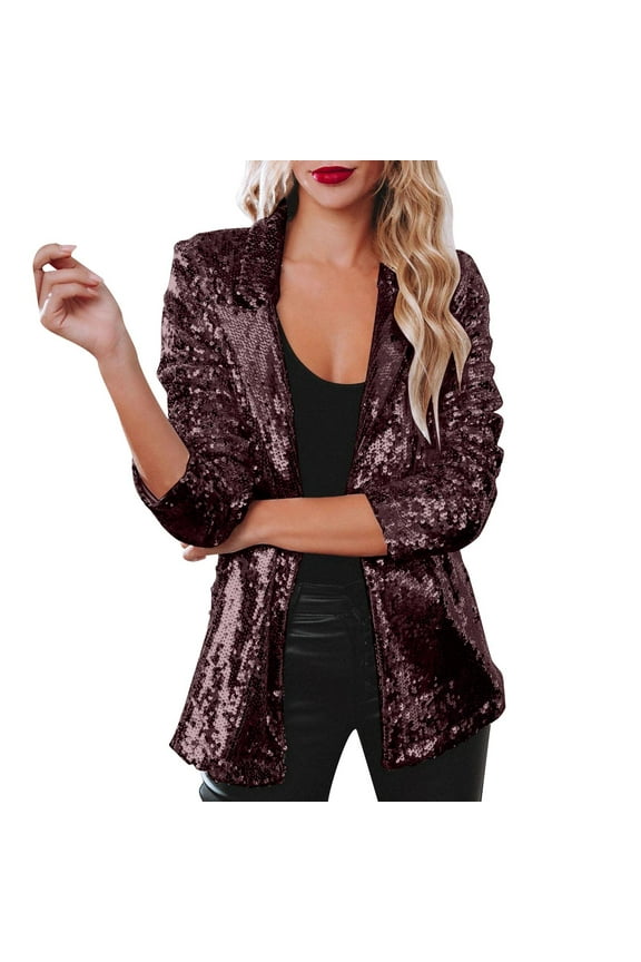 Women's Blazer Sequin Shiny Open Front Blazer Evening Party Sparkly Long Sleeve Slim Cardigan Coat Jacket ,XL
