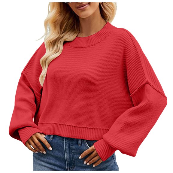 Sopiago Women's Crew Neck Long Sleeve Casual Loose Ribbed Knit Solid Soft Pullover Sweater Tops Watermelon Red,L