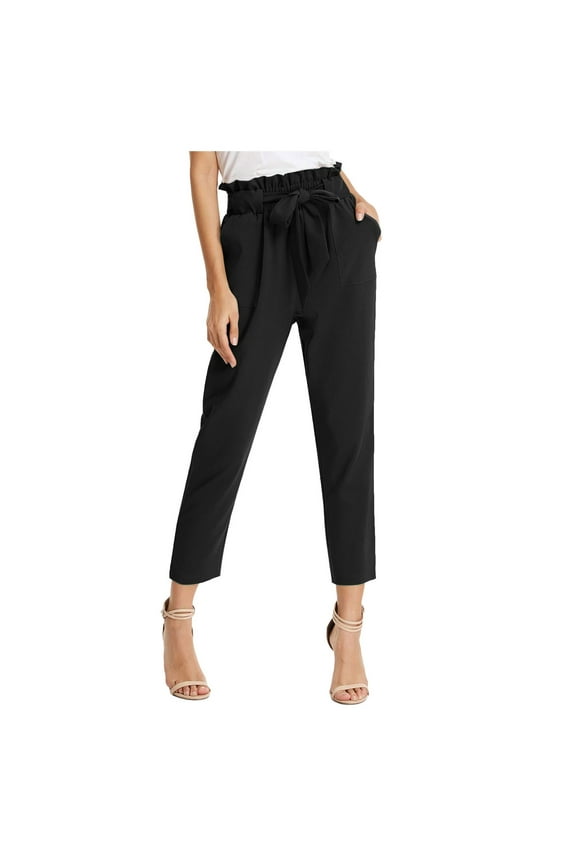 Women's Cropped Paper Bag Waist Pants with Pockets Black,S