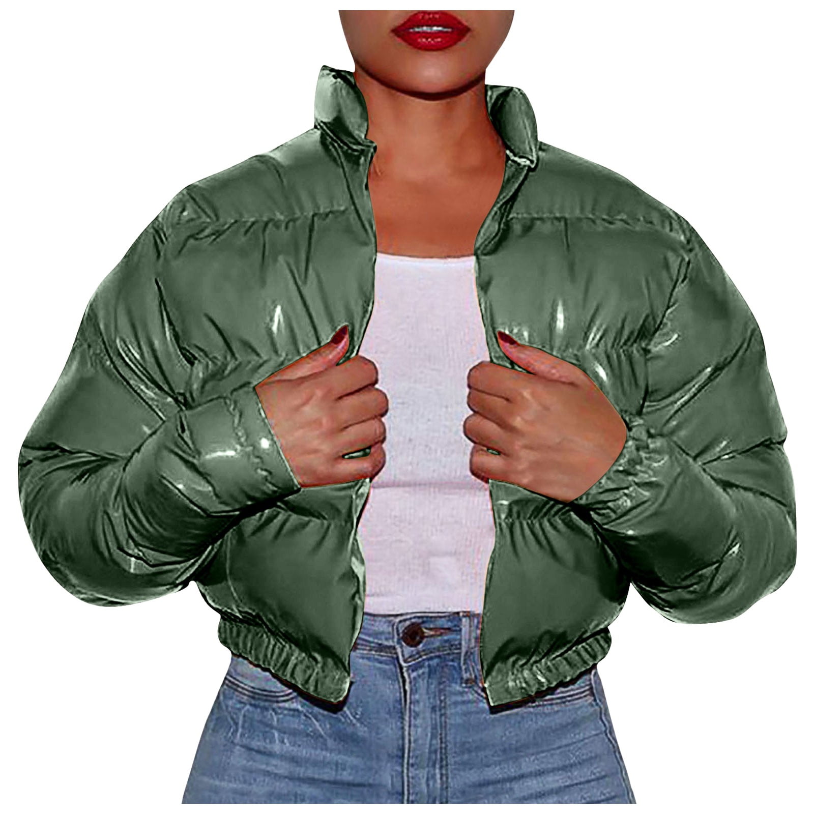 Sopiago Women's Cropped Puffer Jacket Stand Collar Zip Up