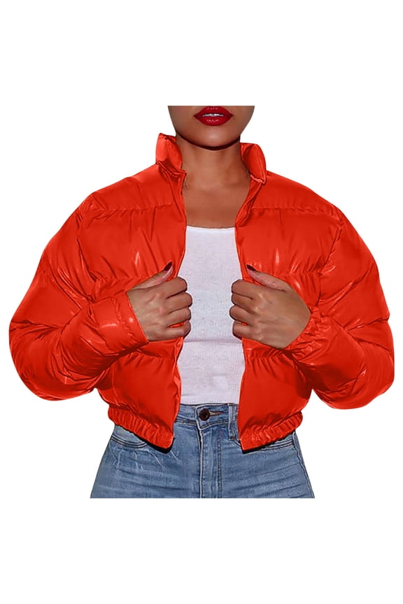 Women's Cropped Puffer Jacket Stand Collar Zip Up Short Bubble Solid Color Coat with Pockets Watermelon Red,S