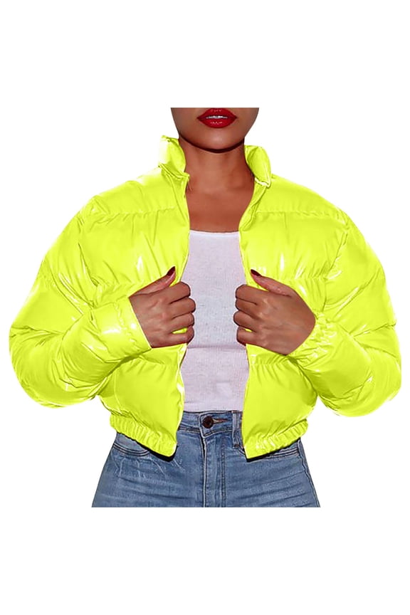 Women's Cropped Puffer Jacket Stand Collar Zip Up Short Bubble Solid Color Coat with Pockets Yellow,S
