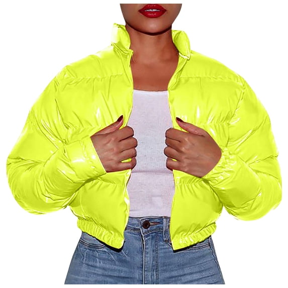 Sopiago Women's Cropped Puffer Jacket Stand Collar Zip Up Short Bubble Solid Color Coat with Pockets Yellow,S
