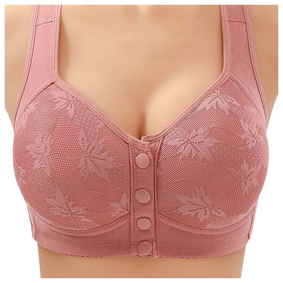 Sopiago Women's Front Button Bras,Plus Size Soft Cup Comfort Brassiere Floral Graphics Underwire Easy Close Full Coverage Pink,46