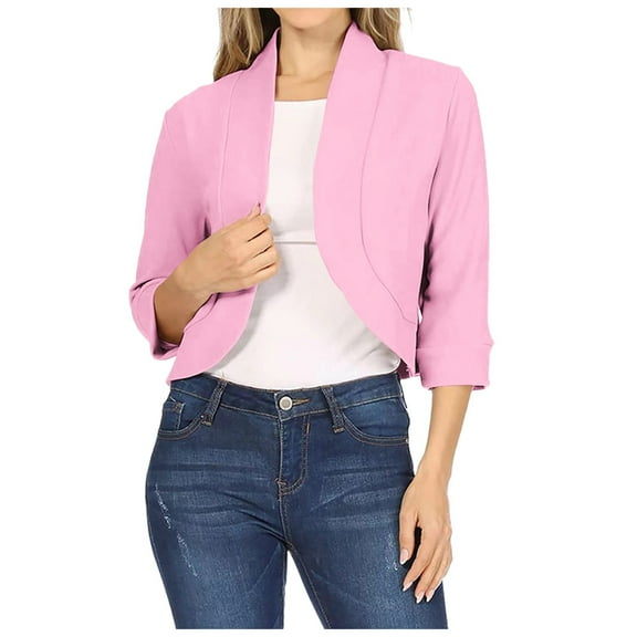 Sopiago Women's Open Front Office Work Business Blazer Casual Lightweight Crop Suit Blazer Women Pink,2XL
