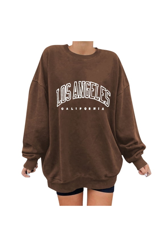 Women's Oversized Sweatshirt Los Angeles California Crewneck Long Sleeve Casual Loose Pullover Tops Brown,XXL