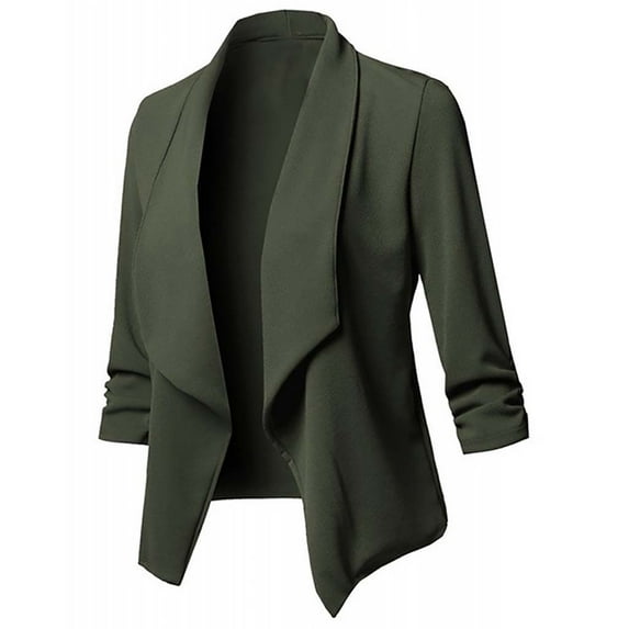 Sopiago Women's Stretch 3/4 Gathered Sleeve Open Blazer Jacket Army Green,S