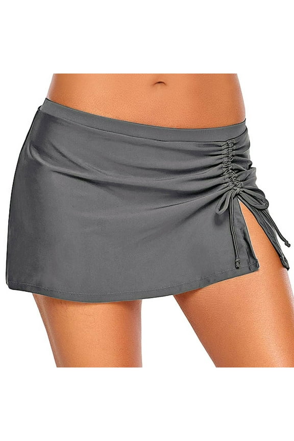 Women's Swim Bottoms High Waisted Split Swim Skirt Sporty Drawstring Skirted with Built-in Panty Bathing Suit Skirts for Women Grey,L