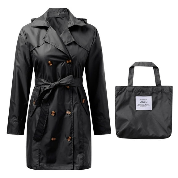 Sopiago Women's Trench Coat Double- Classic Lapel Overcoat Belted Slim Outerwear Coat with Hood Black,One Size