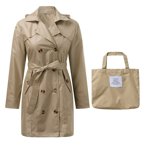 Sopiago Women's Trench Coat Double- Classic Lapel Overcoat Belted Slim Outerwear Coat with Hood Khaki,One Size