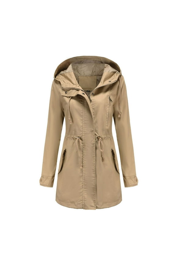 Women's Waterproof Hooded Rain Jacket Lightweight Zip Up Outdoor Windbreaker Rain Coat Shell for Hiking Traveling Khaki,M