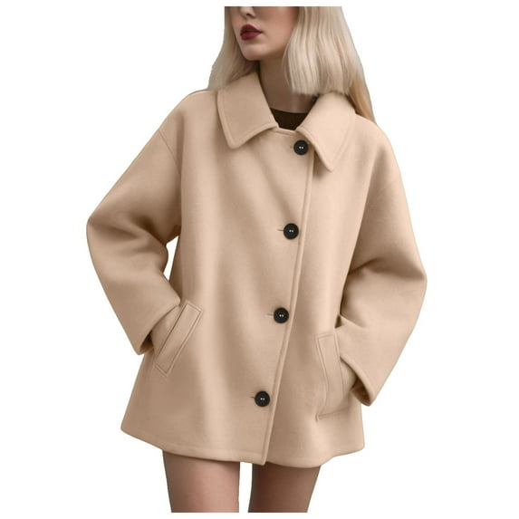 Sopiago Women's Wool Coat Classic Notch Lapel Blazer Jackets Single Oversized Fall Winter Outerwear Peacoat Womens Coat Khaki,M