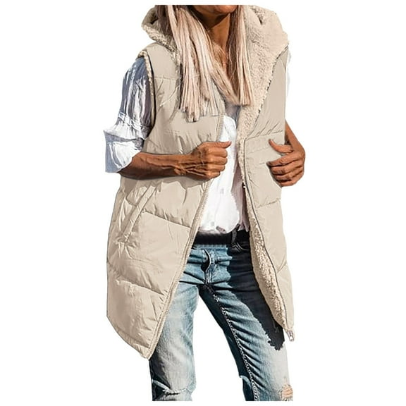 Sopiago Womens 2024 Fall Reversible Vests Sleeveless Fleece Jacket Zip Up Hoodie Pockets Long Warm Winter Coat Outerwear Khaki,S