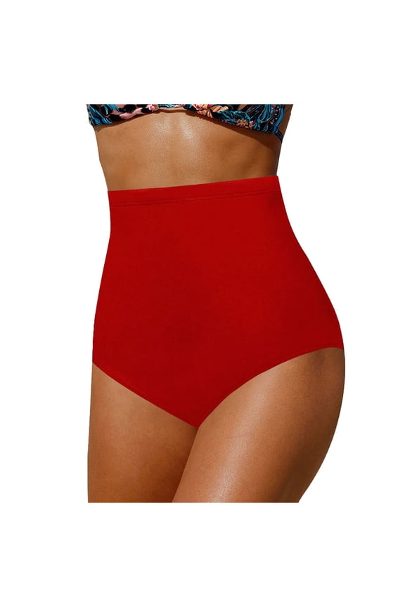 Womens Bikini Bottoms Ruched High Waisted Bathing Suit Bottom Tummy Control Swimsuit Bottoms for Women Full Coverage Swimwear Red,L