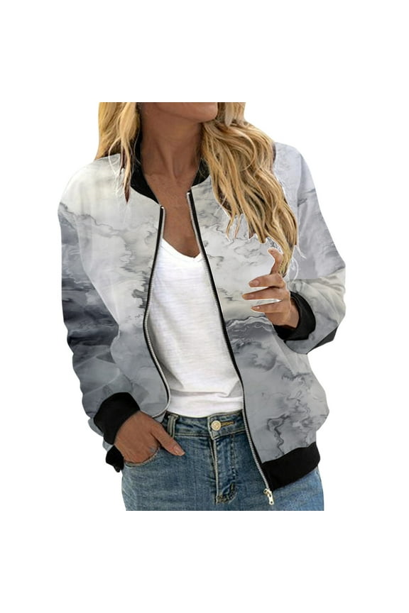 Womens Bomber Jacket Spring Casual Jackets Lightweight Zip Up Jacket Coat Windbreaker Outwear Grey,L