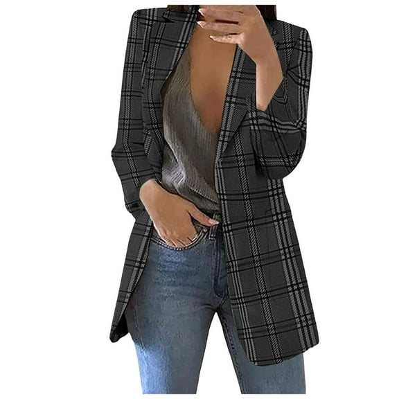 Sopiago Womens Business Blazer Casual checkered pattern Professional Work Suit Jacket with Pockets Black,L
