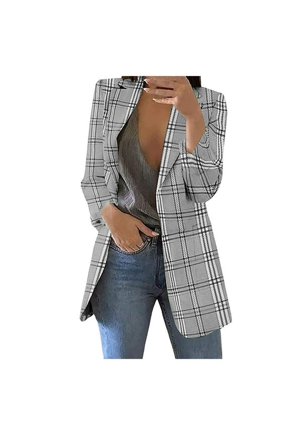 Womens Business Blazer Casual checkered pattern Professional Work Suit Jacket with Pockets Grey,M