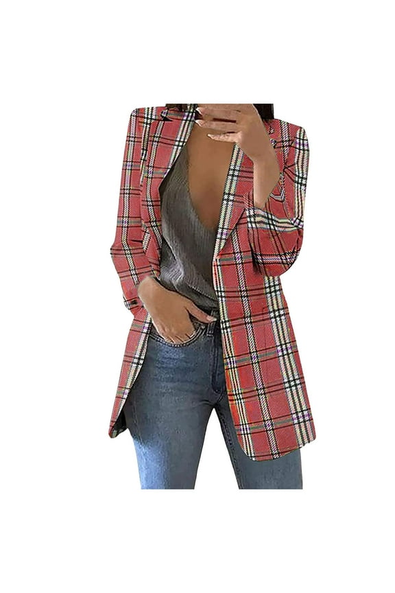Womens Business Blazer Casual checkered pattern Professional Work Suit Jacket with Pockets Red,M