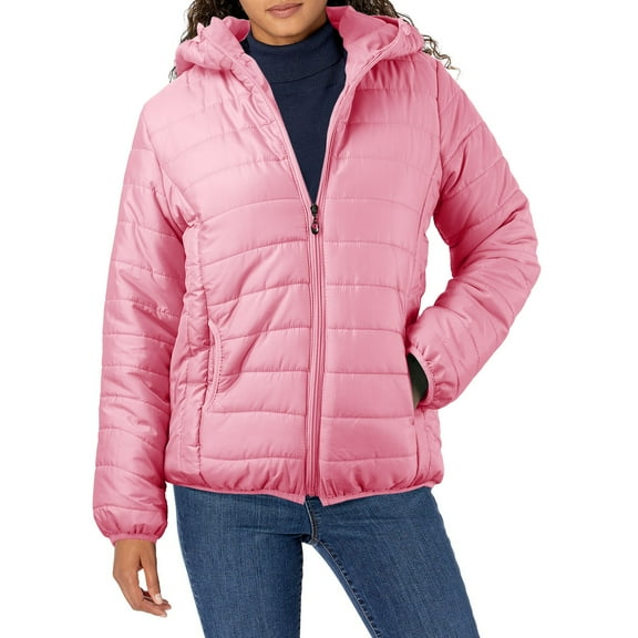 Sopiago Womens Casual Puffer Jacket Long Sleeve Full Zip Padded Winter Warm Coat with Hood Pink,M